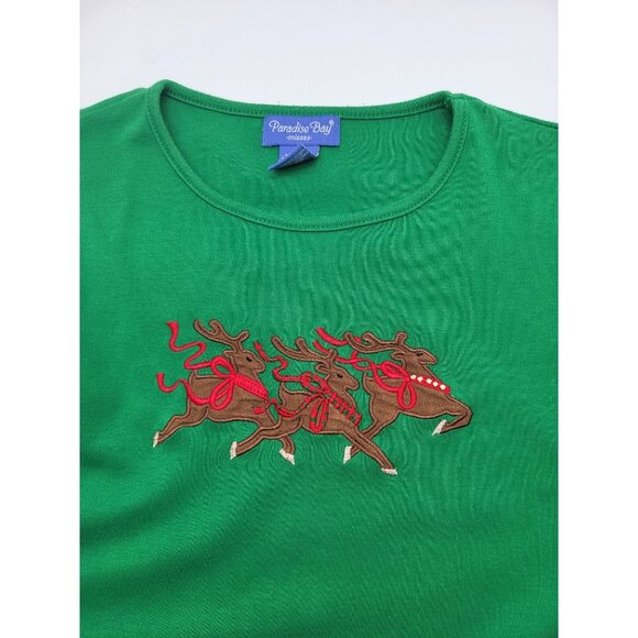 Paradise Bay Misses Size LG Christmas Holiday Reindeer Long Sleeve Shirt Green - Picture 11 of 11